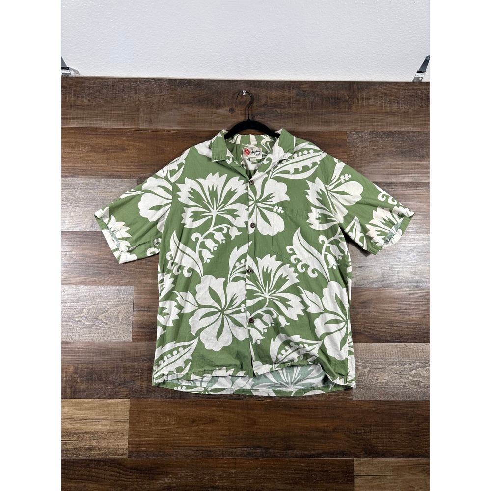 Hilo Hattie The Hawaiian Original Shirt Mens Large Green White Floral Hibiscus
